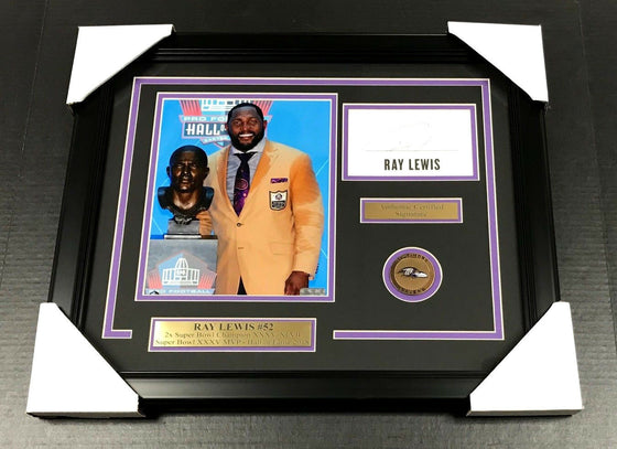 RAY LEWIS AUTOGRAPHED CUT HOF INDUCTION BALTIMORE RAVENS FRAMED 8X10 PHOTO