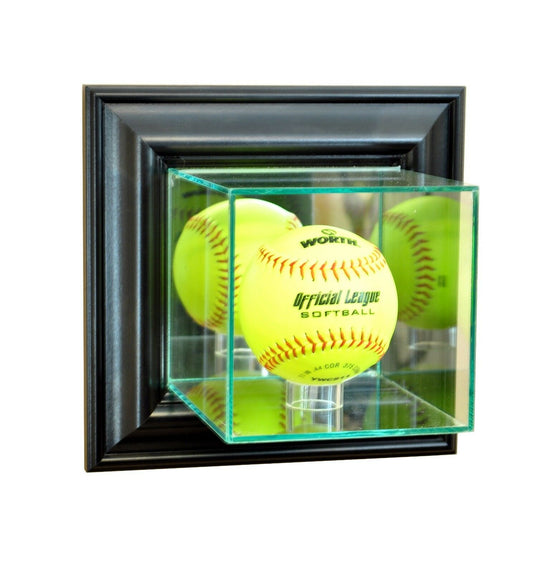 Wall Mounted Softball Glass Display Case - Blk Frame - 757 Sports Collectibles