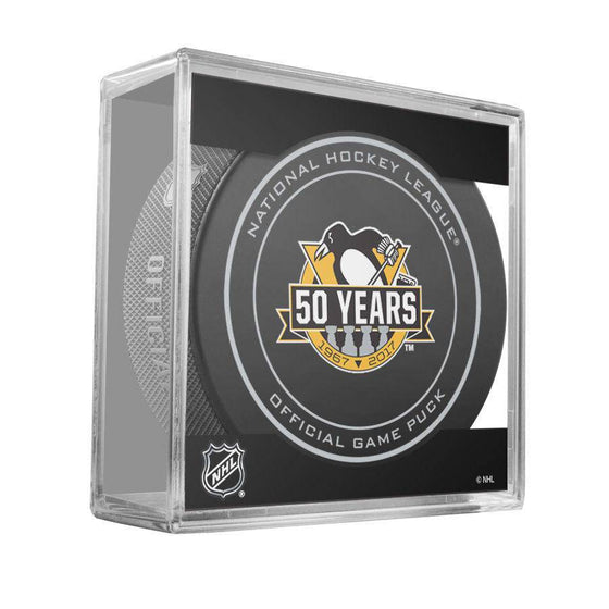 NHL Pittsburgh Penguins 50th Anniversary Official Game Puck in Display Cube - 757 Sports Collectibles