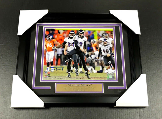 JUSTIN TUCKER AUTOGRAPHED 8X10 MILE HIGH MIRACLE PHOTO #1 RAVENS FRAMED JSA COA