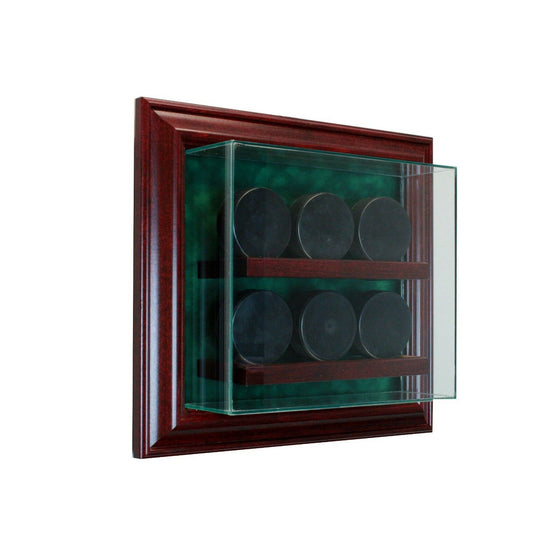 6 Hockey Puck Cabinet Display Case Made in USA Hinged Door Glass Suede NHL UV