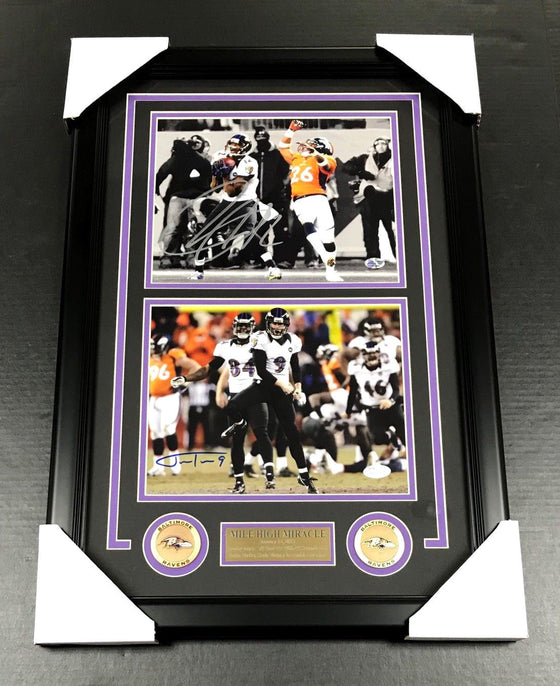 JUSTIN TUCKER JACOBY JONES DUAL AUTOGRAPHED 8X10 MILE HIGH PHOTO RAVENS FRAMED