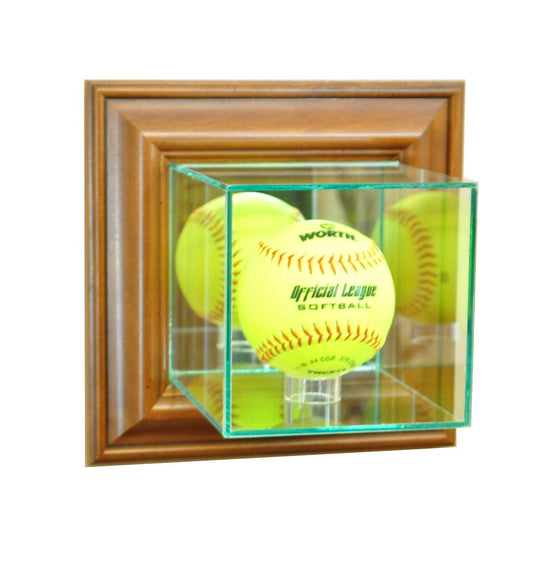 Wall Mounted Softball Glass Display Case - Walnut Frame - 757 Sports Collectibles