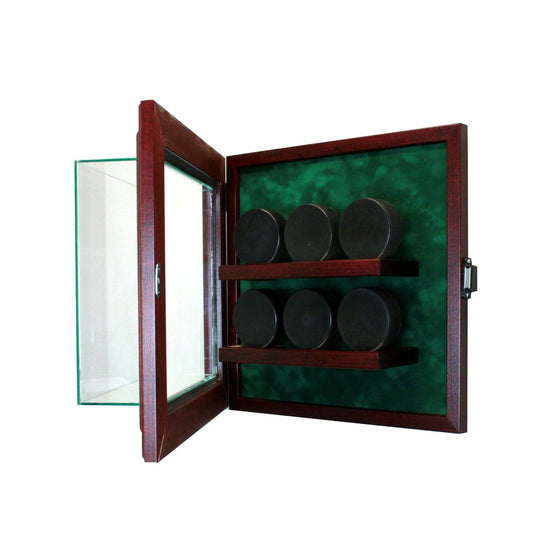 6 Hockey Puck Cabinet Display Case Made in USA Hinged Door Glass Suede NHL UV