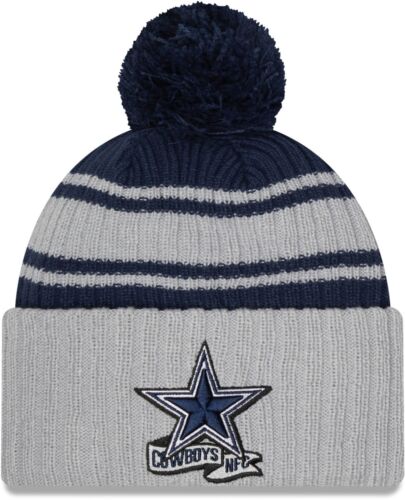 DALLAS COWBOYS 2022 NFL NEW ERA SIDELINE SPORT KNIT BEANIE HAT WITH POM NVY/GRY - 757 Sports Collectibles